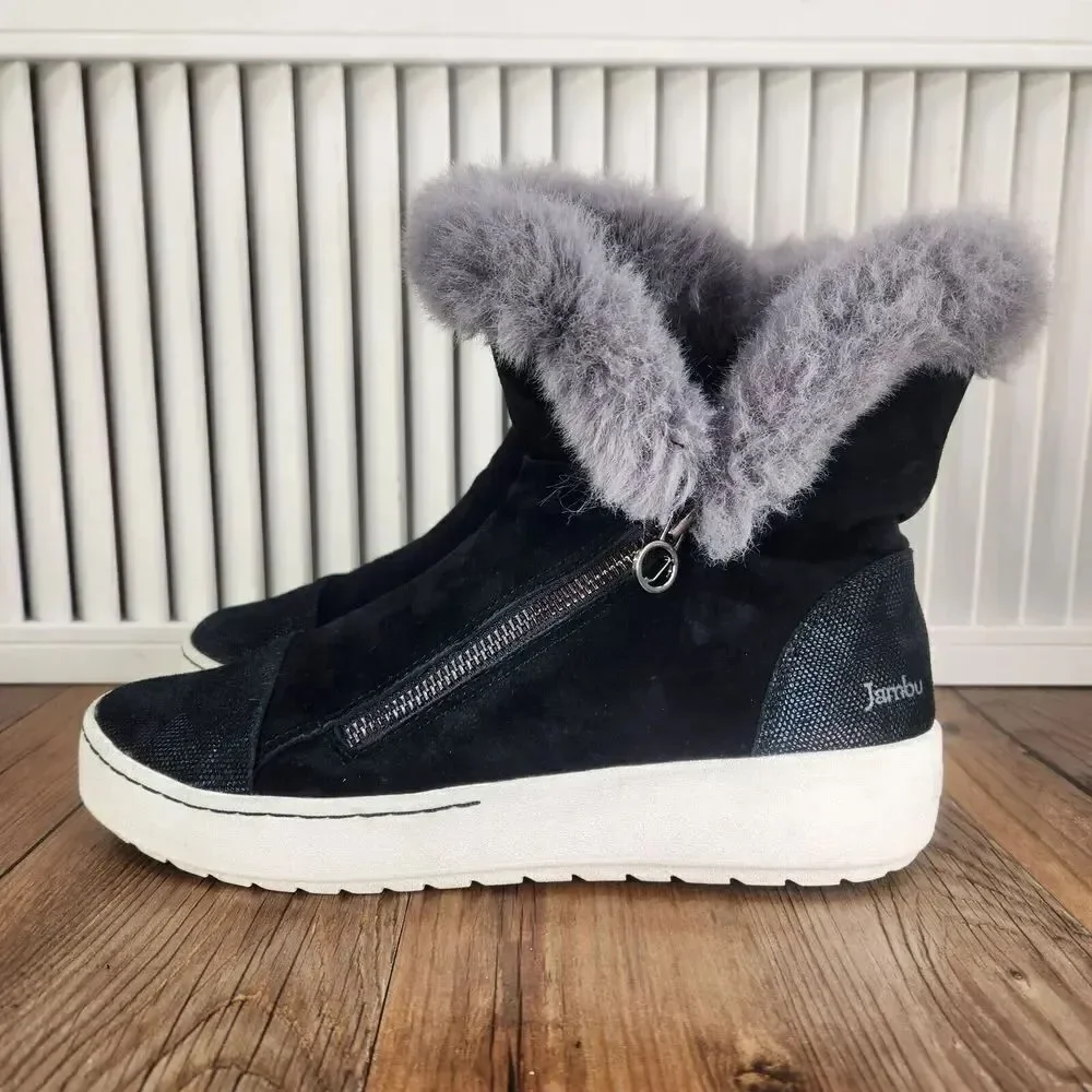 Jambu Erica Womens Sz 8M Black Faux Fur Zip Suede Ankle Winter Booties Boots